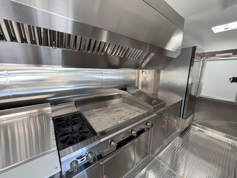 16ft burger food trailer interior commercial griddle range hood system stainless steel - The Patty Wagon San Jose CA Golden State Trailers