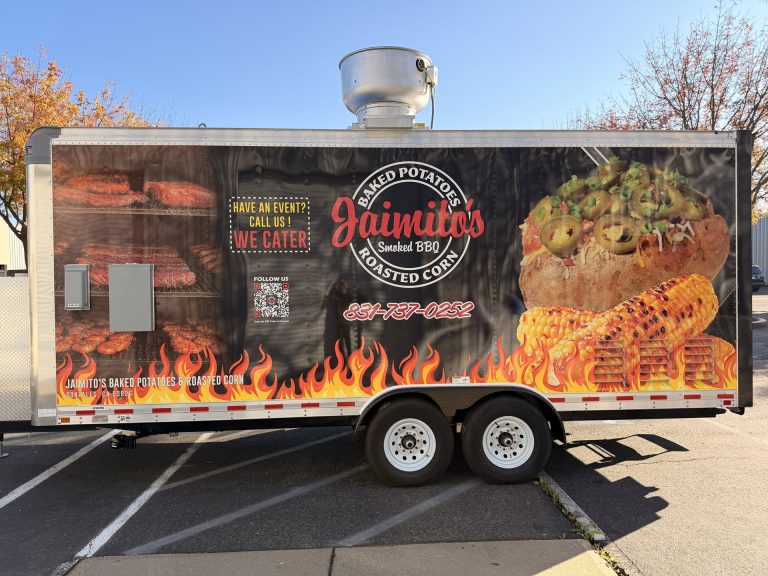BBQ food trailer in Gonzales CA with full side wrap and baked potato branding