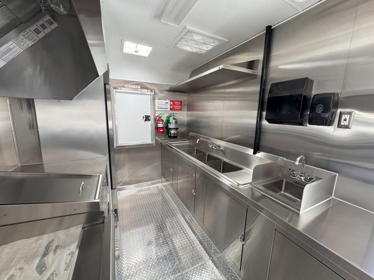 16ft burger food trailer interior triple sink hand sink prep area stainless steel cabinets - The Patty Wagon San Jose CA Golden State Trailers