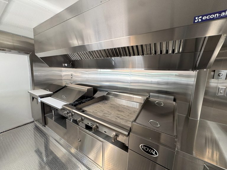16ft burger food trailer Atosa commercial griddle Econ-Air hood system close-up NSF certified - The Patty Wagon San Jose CA Golden State Trailers