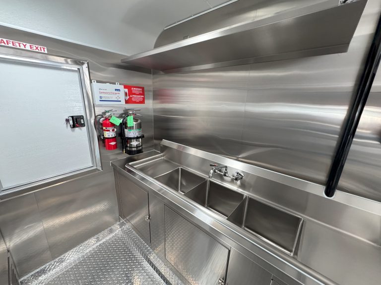 16ft burger food trailer interior triple sink fire extinguisher safety equipment stainless steel - The Patty Wagon San Jose CA Golden State Trailers