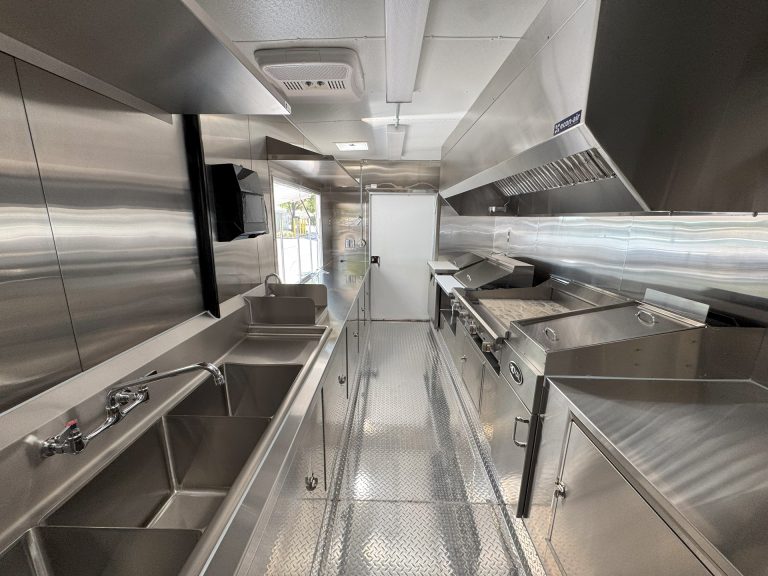 16ft burger food trailer interior full length rear to front view sink prep cook line stainless steel - The Patty Wagon San Jose CA Golden State Trailers
