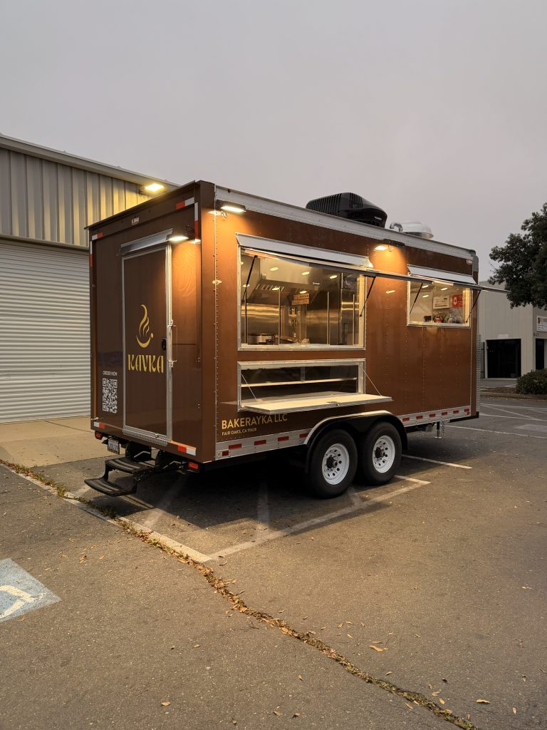 Evening view of Coffee Trailer for Sale in Fair Oaks CA with open service window