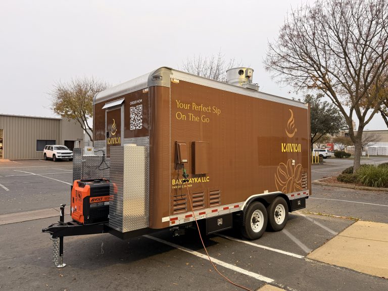 Rear angle of Coffee Trailer for Sale in Fair Oaks CA with Kavka wrap and generator