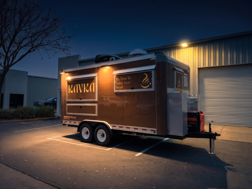KAVKA coffee food trailer with a brown vinyl wrap lit up at night