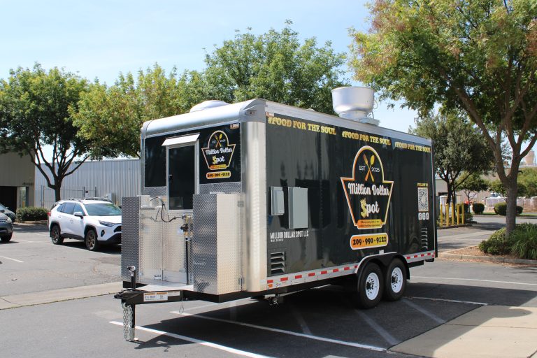 18ft custom American food trailer front three-quarter view - Million Dollar Spot LLC Golden State Trailers Tracy CA 2025