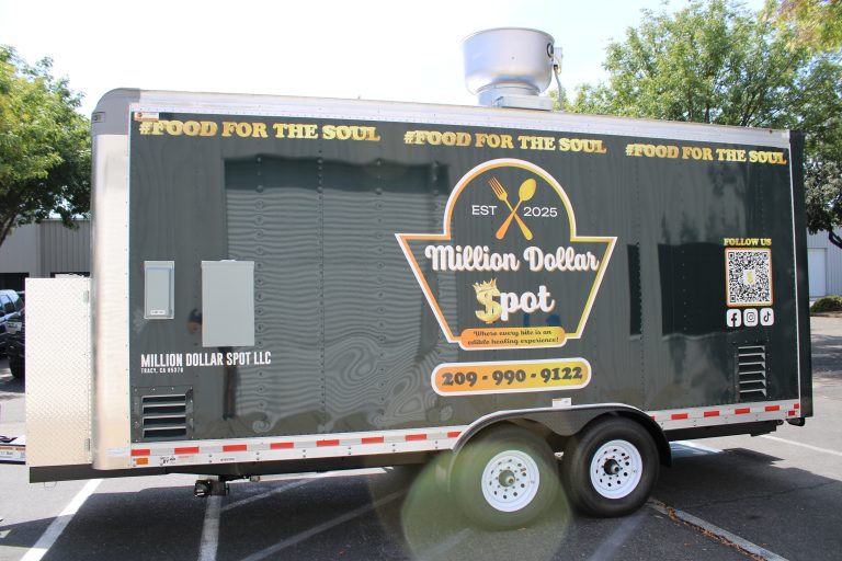 18ft custom food trailer passenger side branding close-up - Million Dollar Spot LLC Tracy CA