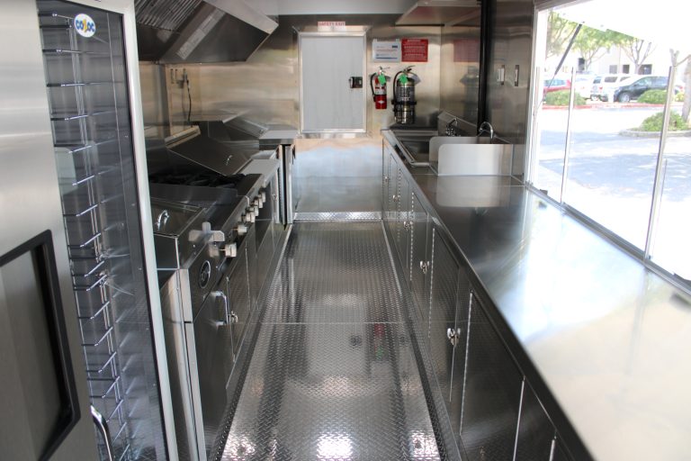 18ft food trailer interior cook line commercial range and stainless steel cabinets - Million Dollar Spot Golden State Trailers Tracy CA