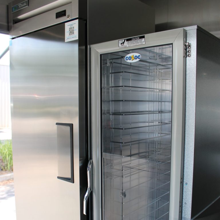 Food trailer commercial reach-in refrigerator Cozoc close-up - Million Dollar Spot 18ft custom trailer Tracy CA