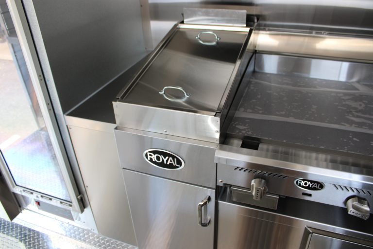 Food trailer commercial Royal fryer and griddle close-up NSF certified equipment - Million Dollar Spot 18ft trailer Tracy CA