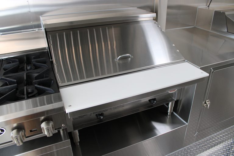 Food trailer commercial flat top griddle stainless steel close-up - Million Dollar Spot 18ft custom trailer Tracy CA