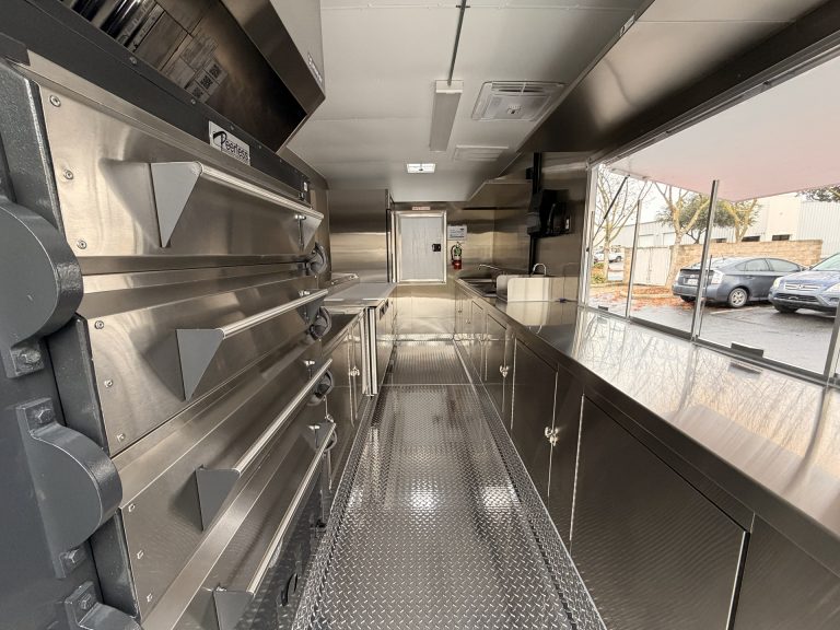 Double deck commercial pizza ovens inside 16 ft pizza food trailer in Arroyo Grande CA