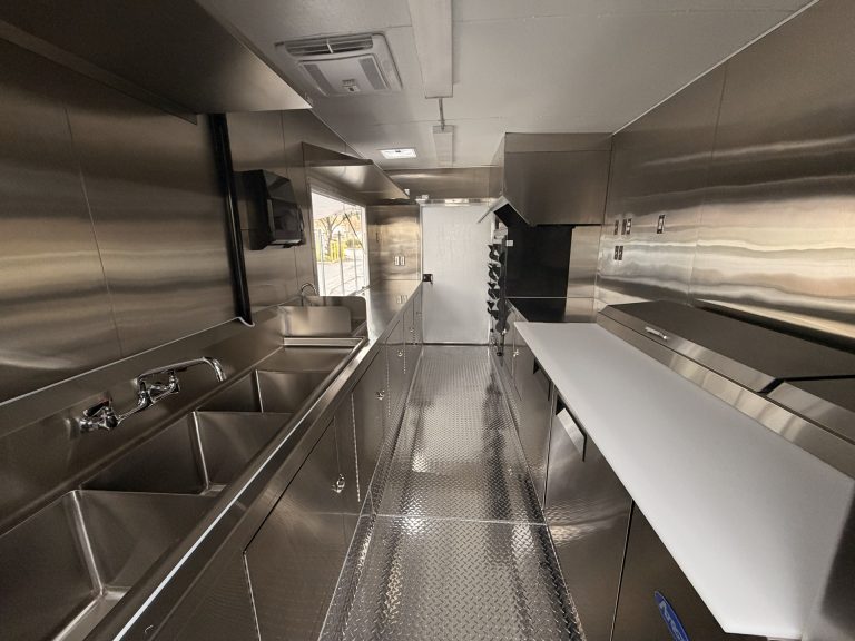 Prep counter and sink area inside pizza food trailer in Arroyo Grande CA
