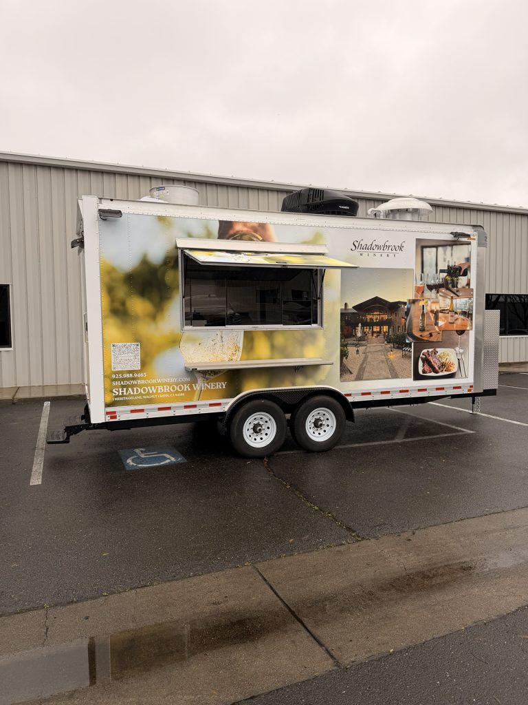 Wine trailer in Walnut Creek CA built for Shadowbrook Winery with serving window