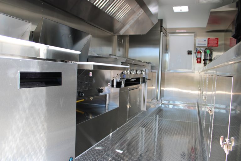Close-up of cooking equipment inside 16ft taco food trailer in Watsonville CA