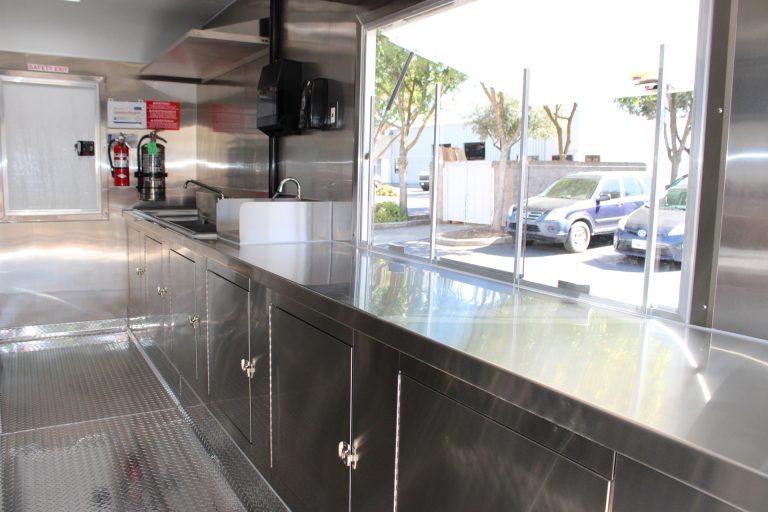 Service counter and sliding window inside 16ft taco food trailer in Watsonville CA