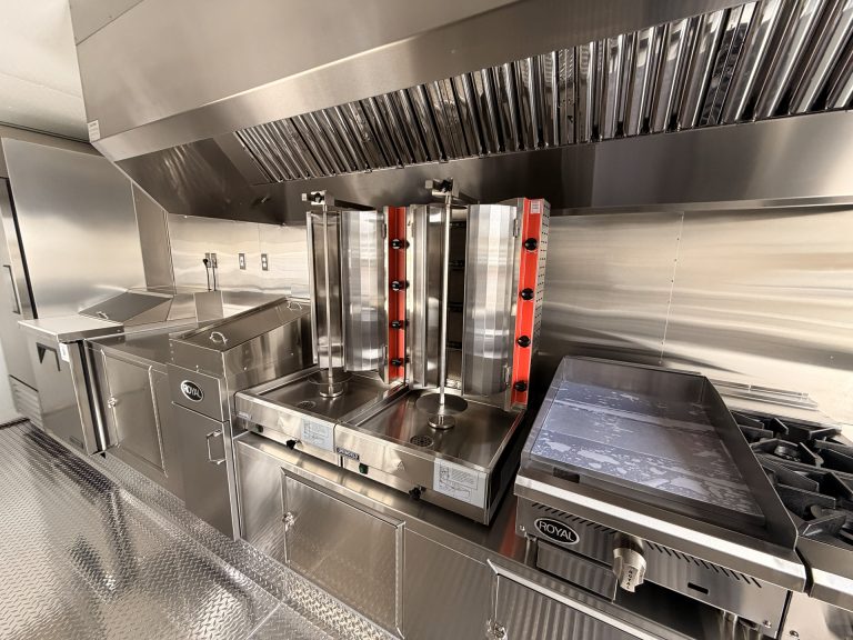Commercial shawarma grill and cooking line inside BBQ Food Trailer in San Jose CA