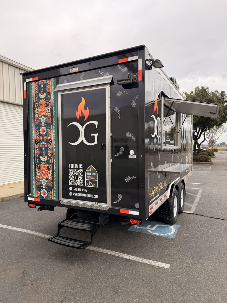 Rear view of BBQ Food Trailer in San Jose CA with Caspian Grill branding