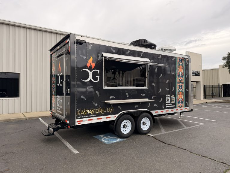 Angled side view of BBQ Food Trailer in San Jose CA with open serving window
