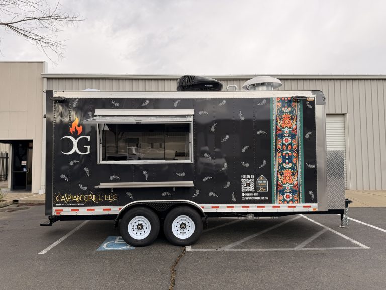 BBQ Food Trailer in San Jose CA built for Caspian Grill with large serving window