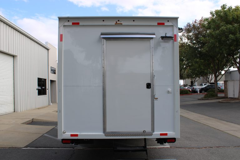 food trailer rear door exterior view with entry access and step