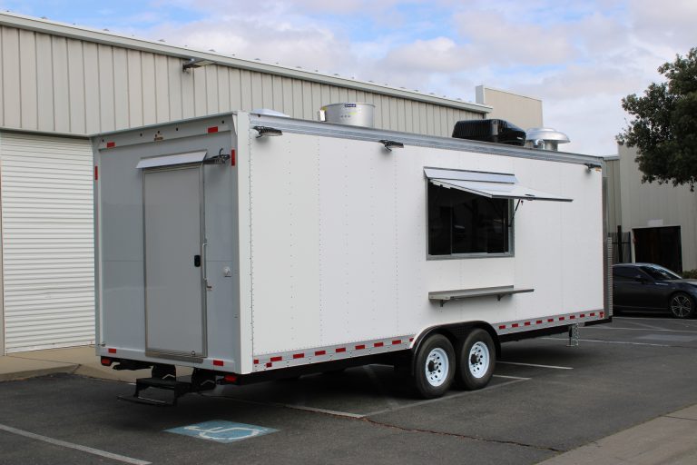custom food trailer rear curbside view with serving window and rooftop equipment