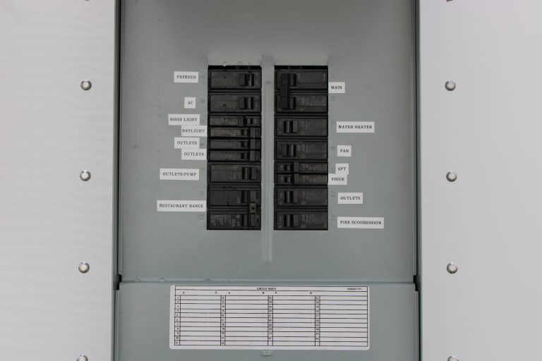 commercial food trailer electrical panel system with labeled breakers