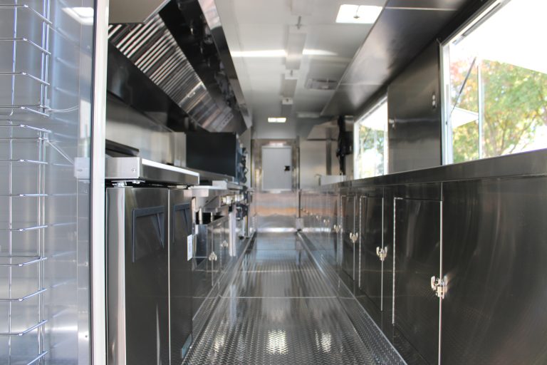 Interior layout of 30ft school concession trailer in Wheatland CA with stainless steel equipment