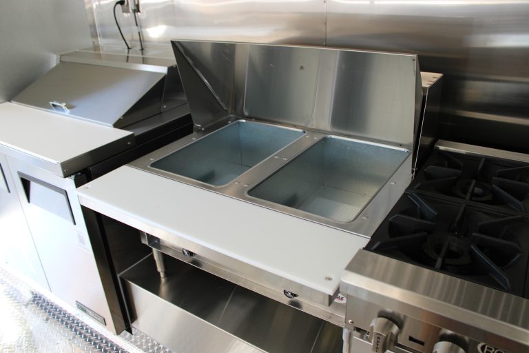 custom food trailer steam table with dual wells and stainless steel storage base