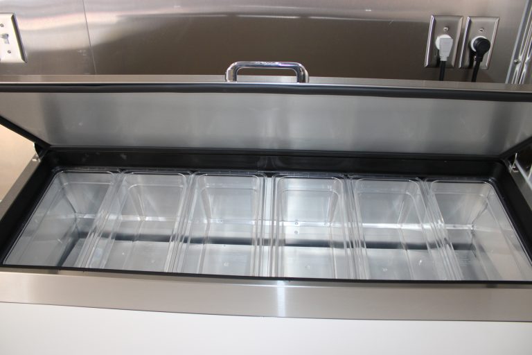 food trailer refrigerated prep table with ingredient pans and lid