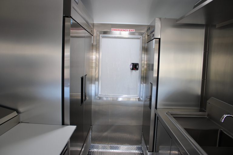 Rear emergency exit door inside 30ft school concession trailer in Wheatland CA