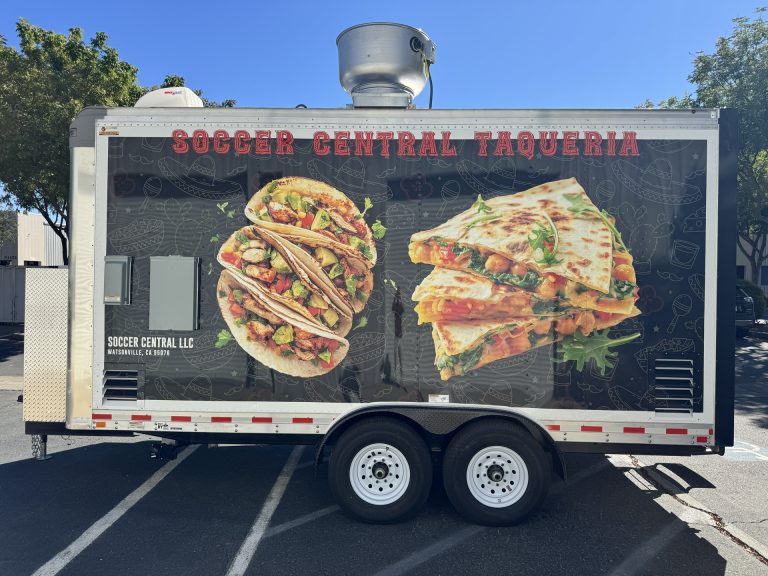 Graphic wrap side of 16ft taco food trailer in Watsonville CA with large taco images
