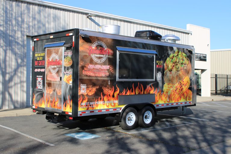 Custom BBQ food trailer in Gonzales CA with smoker branding and catering graphics