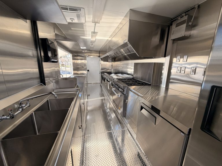 Interior of 22ft Indian food trailer for Bengaluru Adda in San Jose CA with cooking line and sinks