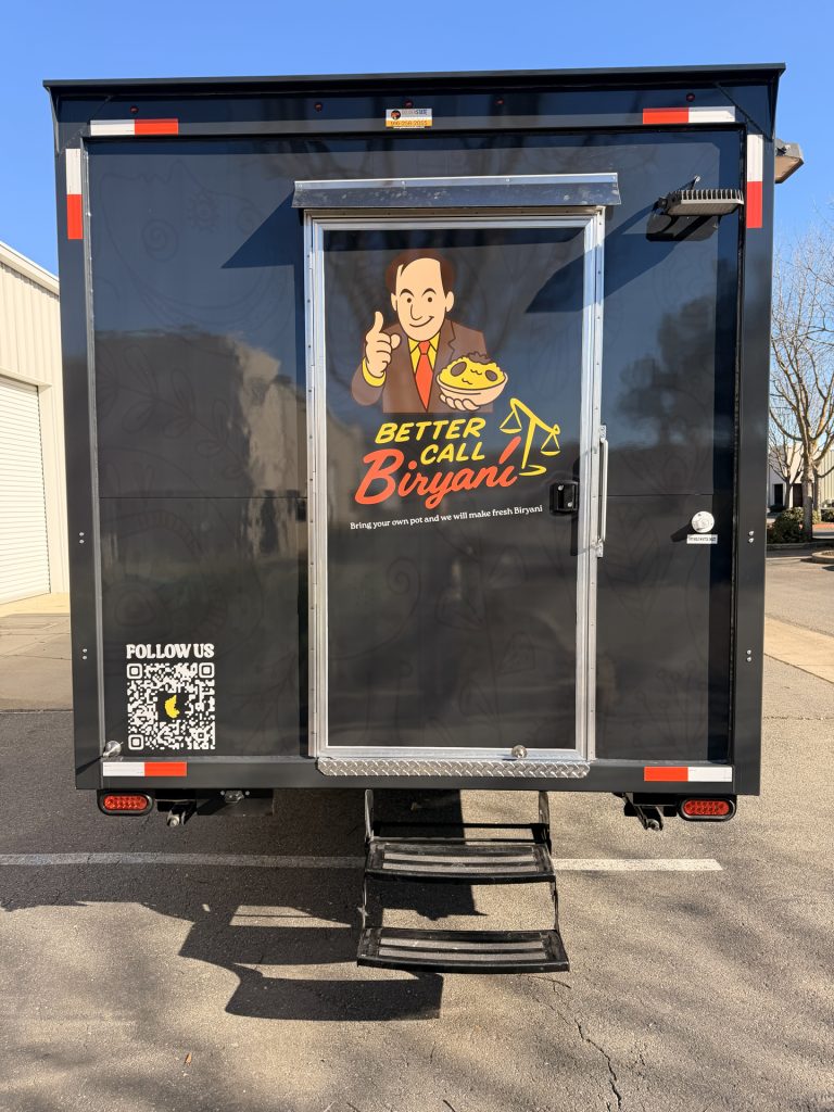 Rear door of 22ft Indian food trailer for Bengaluru Adda in San Jose CA