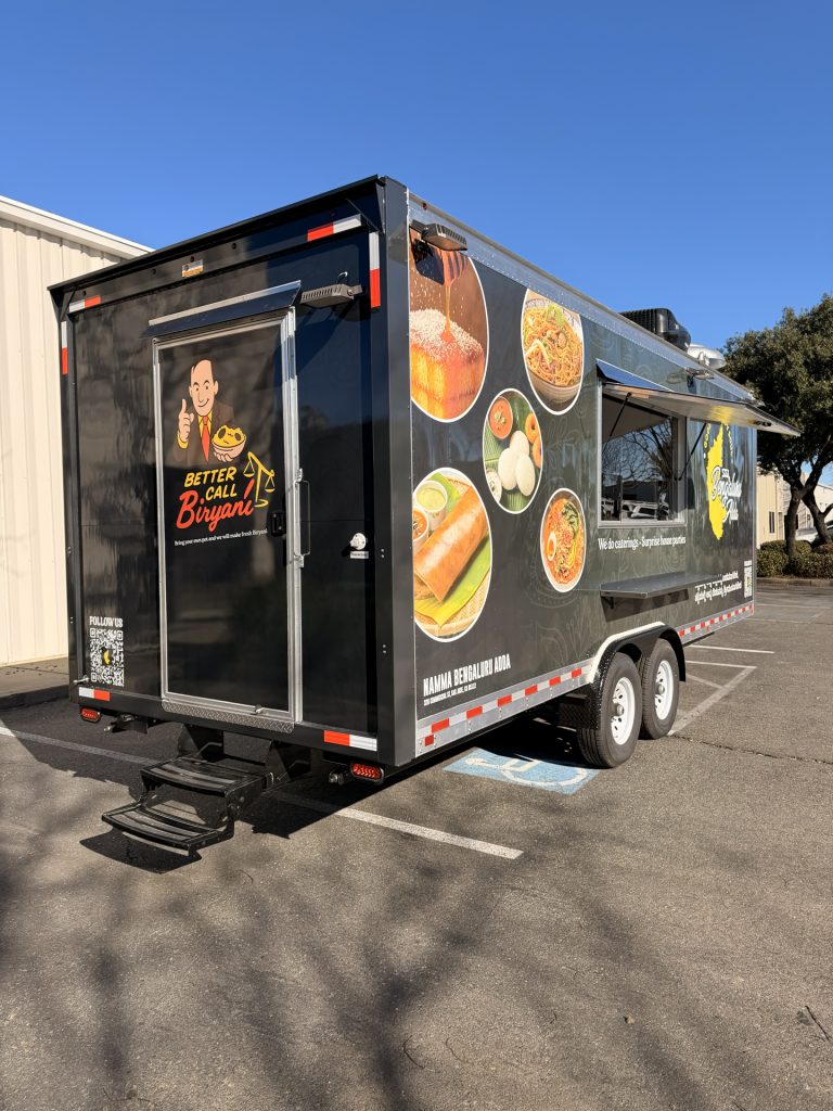Rear angle of 22ft Indian food trailer for Bengaluru Adda in San Jose CA