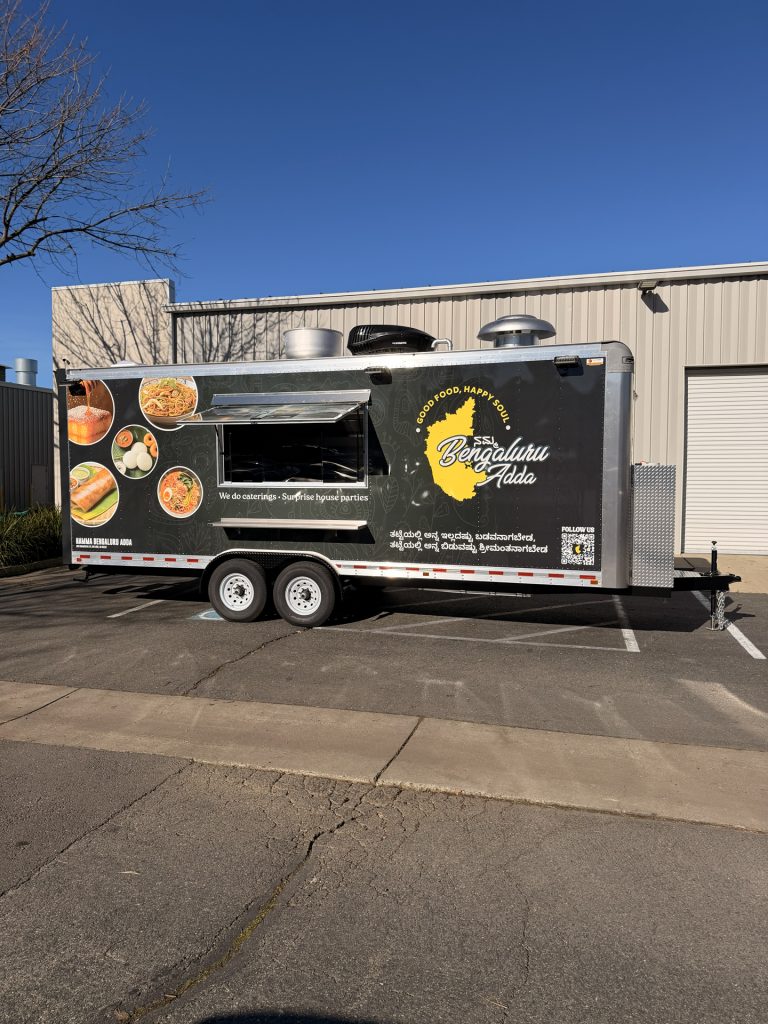 Full side profile of 22ft Indian food trailer in San Jose CA