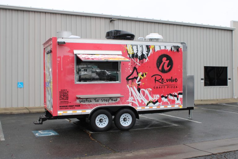 16 ft pizza food trailer in Arroyo Grande CA built for Revolve Craft Pizza with custom graffiti wrap and serving window
