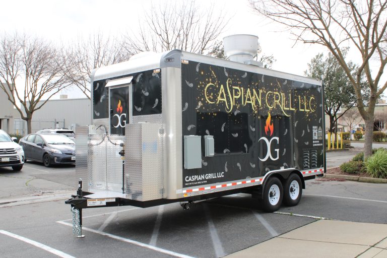 Front corner of BBQ Food Trailer in San Jose CA for Caspian Grill LLC