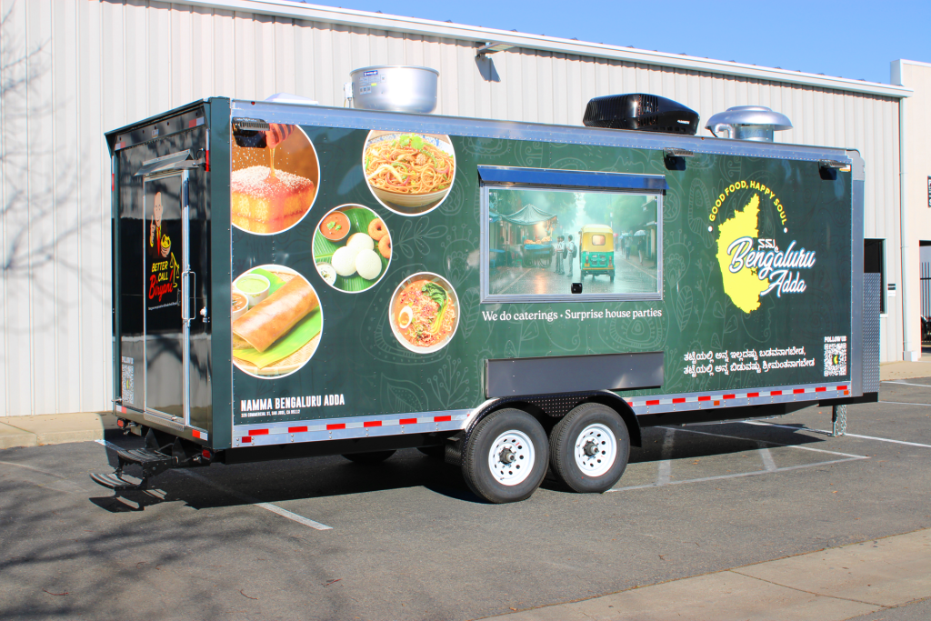 Bengaluru Adda food trailer wrap featuring Indian dishes, a custom food truck design for an Asian food concept.