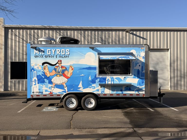 18ft gyro food trailer curbside view in California with serving window