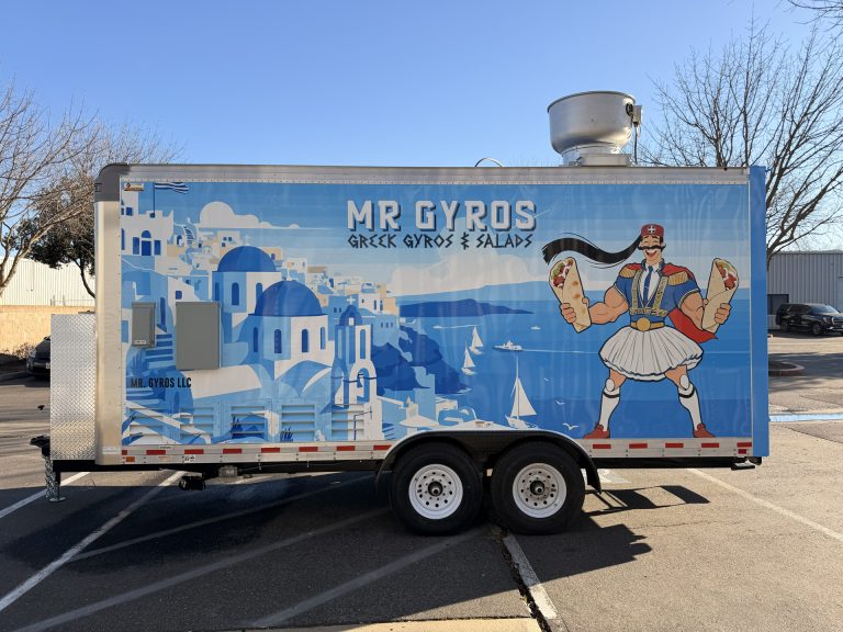 18ft gyro food trailer street side view in California with full wrap