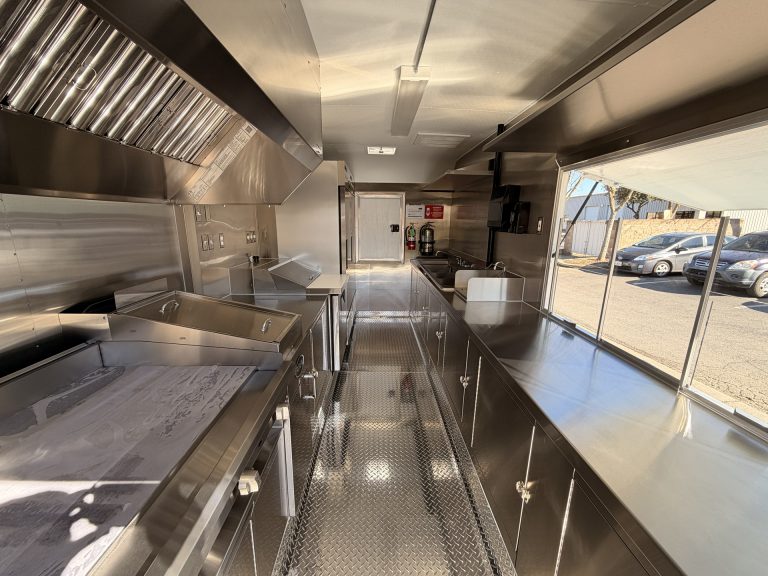 food trailer interior with efficient kitchen workflow layout and cooking line