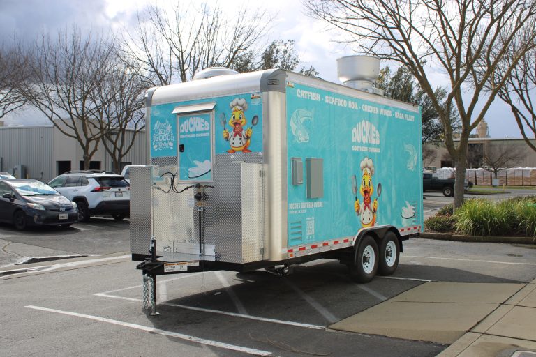 16ft seafood food trailer rear street side view in California with custom wrap