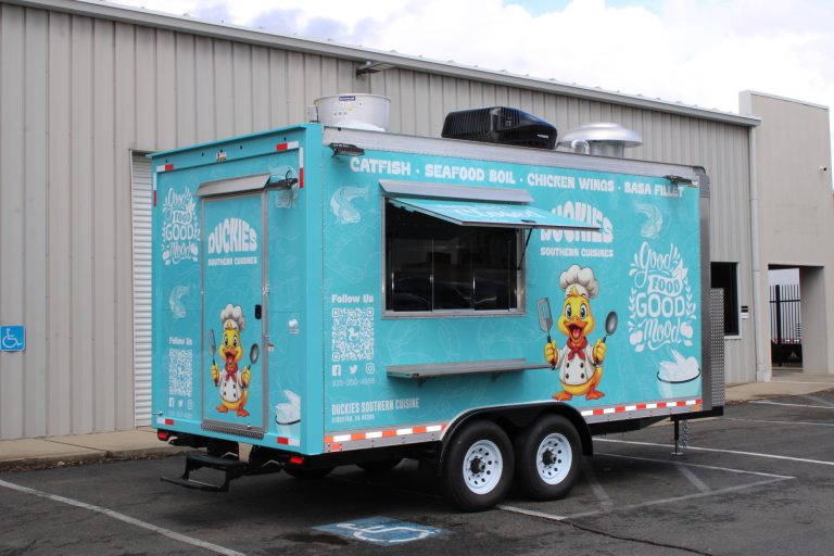 16ft seafood food trailer rear curbside view in California with serving window