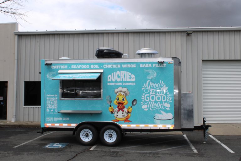 16ft seafood food trailer street side view in California with full wrap