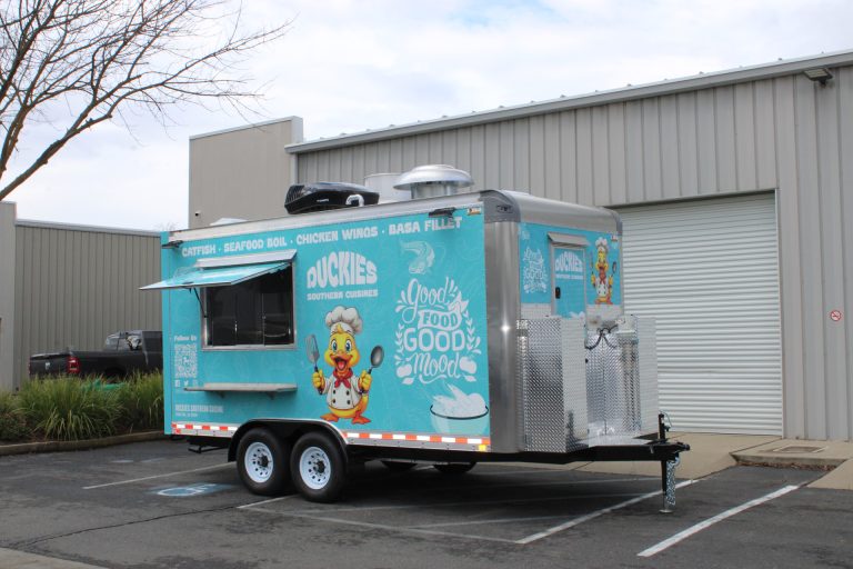 16ft seafood food trailer front curbside view in California with serving window