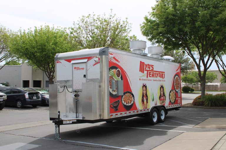 Mya's Teriyaki 24ft food trailer full side view in parking lot showing complete 3M wrap design and rooftop exhaust system, Golden State Trailers