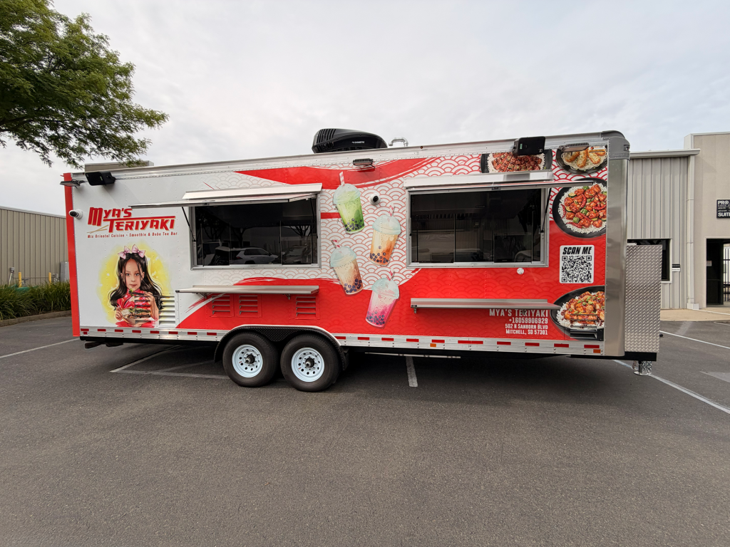 Mya’s Teriyaki food truck wrap with menu photos and a scannable QR code