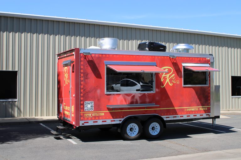 18ft kettle corn trailer with dual serving windows and red custom wrap in California